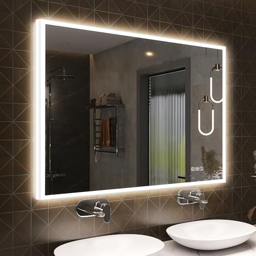 SBAGNO LED Bathroom Mirror with Lights, 40''x28'' 3D Border Bathroom Vanity Wall Mirror with...
