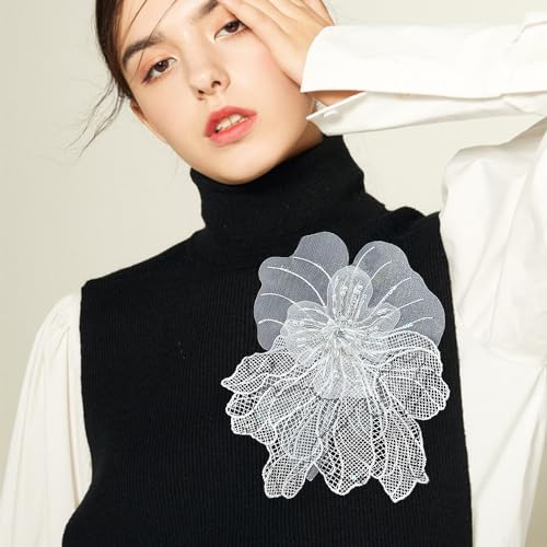 Image of Lacy Fabric Flower Brooch Pin for Women Girls Fashion Dainty Organza Big Beaded White Corsage Boutonniere Brooches Lapel Pins Delicate Wedding Birthday Holiday Dress Accessories Jewelry Gift