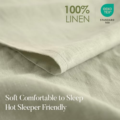DAPU Pure Linen Sheets Set, 100% French Linen from Normandy, Breathable and Durable for Hot Sleepers, 4 Pcs Set - 1 Flat Sheet, 1 Fitted Sheet, 2 Pillowcases (Sage Green, King)