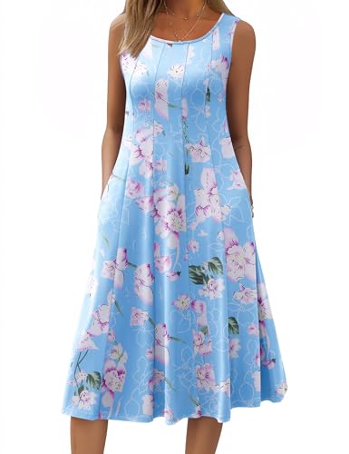 Image of HOTOUCH Summer Casual Dresses for Women Sleeveless Midi Dress Swing Tank Sundress Pleated Tshirt Dress with Pockets