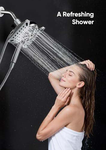 Image of Shower Head with Handheld High Pressure, Rain Shower Head with Fixed Showerhead and 9 Sprays Handheld Shower, Detachable 2-IN-1 Shower head with 59 inch Rotatable Stainless Steel Hose (Chrome)