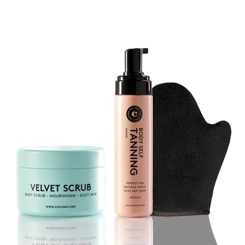COCUNAT - Set Bronceado Natural - Autobronceador Corporal en Mousse + Guante para Bronceado + Exfoliante Corporal Nutritivo - No Mancha - Aplicación Fácil - Rápida Absorción - Bronceado Uniforme