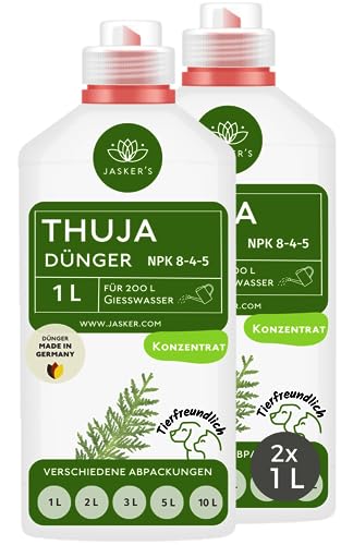 Thuja Dünger Flüssig 2 Liter Konzentrat - Koniferen Flüssigdünger für 400 Liter Gießwasser - 100% Schnelldünger - Organischer Koniferendünger - Kalium für Thuja Smaragd