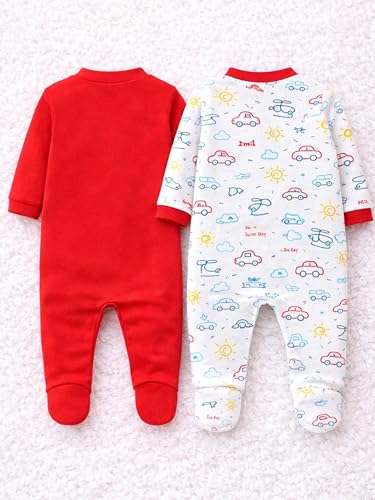 Image of Kidbee Baby Cotton Romper Pack of 2 | 100% Soft Cotton Hosiery | Front Open Snap Buttons | Full Sleeve Footed Sleepsuit | Newborn Baby Clothing Set