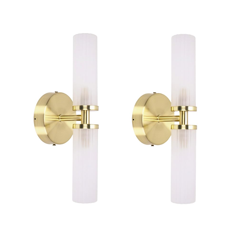 ValueLights | Gold 2 Way Wall Light Fitting with Reeded Glass Shade | Bath Wall Lights, Home Décor & Improvement Essential | IP44 Bathroom | Mains Wired