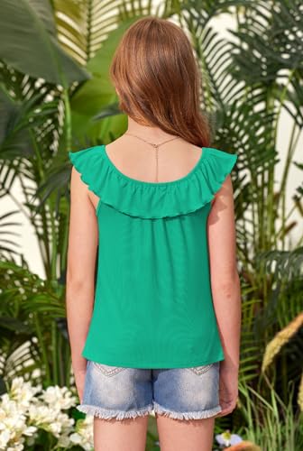 Image of BesserBay Girls Summer Ruffle Trim Square Neck Knit Ribbed Tank Top Cute Strechy Sleeveless Trendy Tee Shirt 5-14 Years