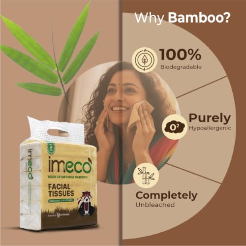 Image of IMECO Bamboo Facial Tissue Papers -100 Pulls (Pack of 12), 1200 Pulls - 2 Ply, Premium, Soft, Biodegradable & Skin Safe, 100% Natural and Ecofriendly, Soft tissue pack