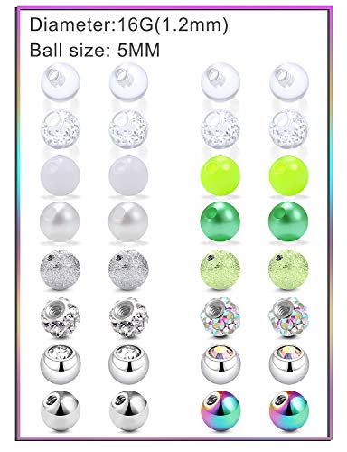 Prjndjw 16G Replacement Balls Externally Threaded Surgical Steel & Plastic Balls For Industrial Barbell Nipple Rings Belly Button Piercing Rings Parts16 Pair #TOP4