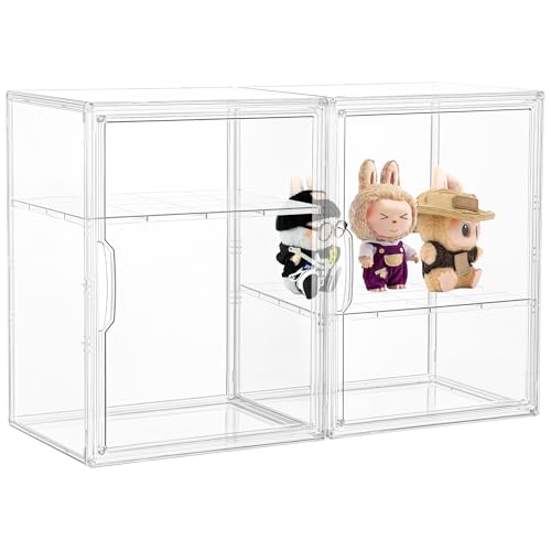 Acrylic Display Case, 2 Tier Clear Plastic Stackable Storage Bins with Magnetic Lids, Figure Display Case for Collectibles Cosmetic Acrylic Box, 2 Pack LXLXXL