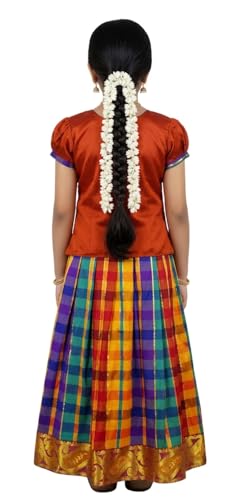 Image of Girls Traditional Silk Pavadai Sattai Lehenga Choli with Waist Belt | Ethnic Festival Wear for Girls, Perfect for Weddings, Pongal, Religious & Special Occasions