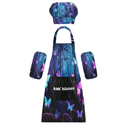 FRCSDIY Purple Blue Butterflies Kids Apron and Chef Hat Set,Adjustable Aprons with Pockets for Boys Girls Cooking Baking Painting-M