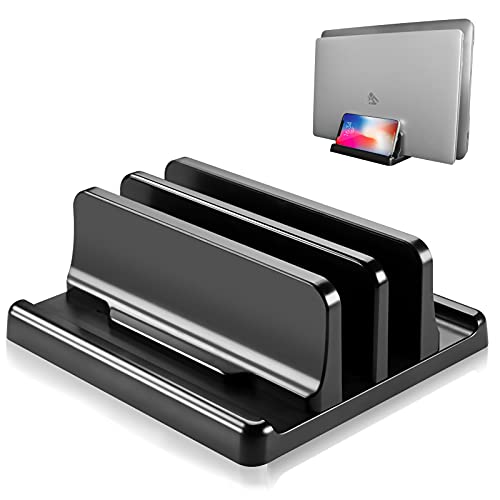JIMEJV Vertical Laptop Stand, Adjustable Width Desktop Organizer for MacBook, iPad, iPhone, Black (Black)