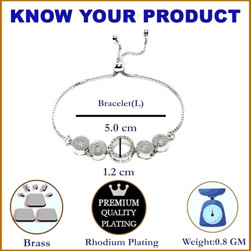 Image of ZENEME Rhodium-Plated Silver Toned American Diamond Geometric Circle Bracelet for Women & Girls CZ Studded Adjustable Designer Bracelet