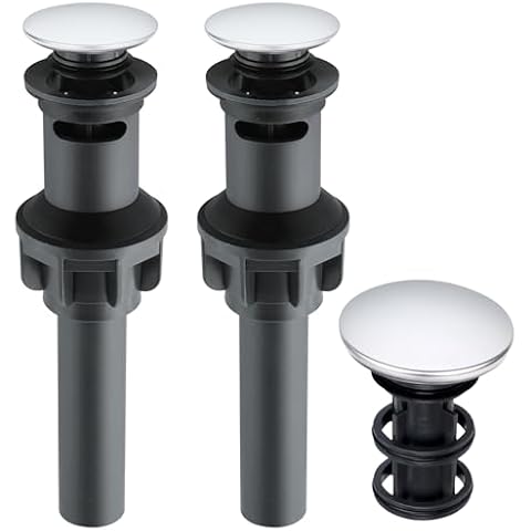 iFealClear 2 Pack Pop Up Drain Stopper with Overflow, Push and Seal Pop Up Drain Stopper for Faucet Vessel, Anti-Explosion & Anti-Clogging pop up Plunger Bathroom Sink Drain Assembly, Polished Chrome Cover
