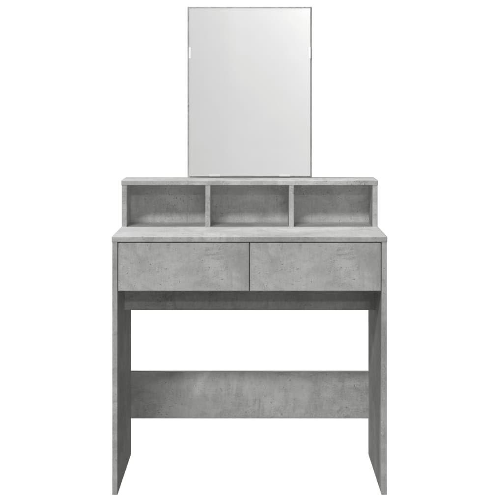 Tocador con espejo gris hormigón 80 x 41 x 144,5 cm, material de madera con 2 cajones, 3 compartimentos, almacenamiento para dormitorio, habitación de niñas, ahorra espacio para peinar y