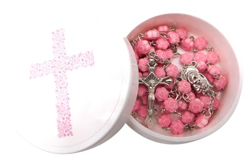 Westmon Works First Communion Rosary Set for Girls with Pink Rose Shaped Bead Case and Holy Card2