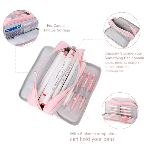 Image of Canvas Large Capacity Pencil Box for Girls & Boys, 3 Compartments Pen & Pencil Pouches, Aesthetic Stationery Pouch for School Kids College Students (Pink)