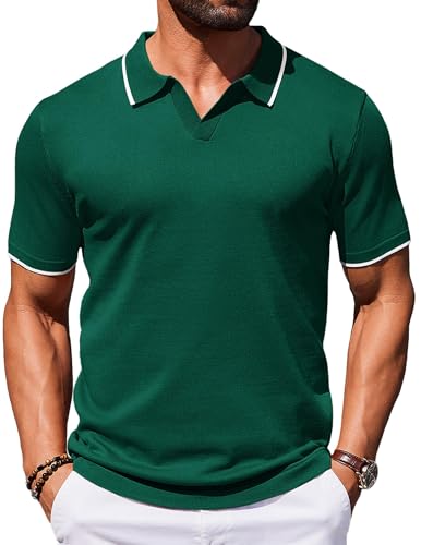 Coofandy Mens Polo Shirts Short Sleeve Casual Knit Polo Shirt Vintage Golf T Shirts Old Money Tops Green