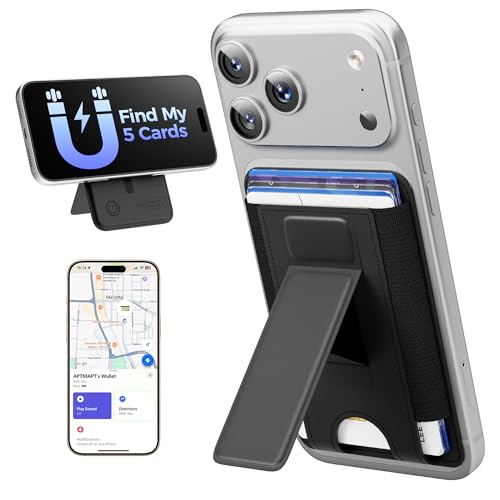 APTMAPT for MagSafe Wallet, Works with Apple Find My, 5-Card RFID Holder with Stand Also Grip, Strong Magnetic Wallet for iPhone 17/16/15/14/13/12 Pro Max Air Plus, Wireless Charging, Black