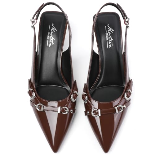 Image of Mostrin Kitten Heels for Women Pointed Toe Pumps Patent Leather Low Heel Slingback Heels with Buckle Dress Shoes for Dating Party Working