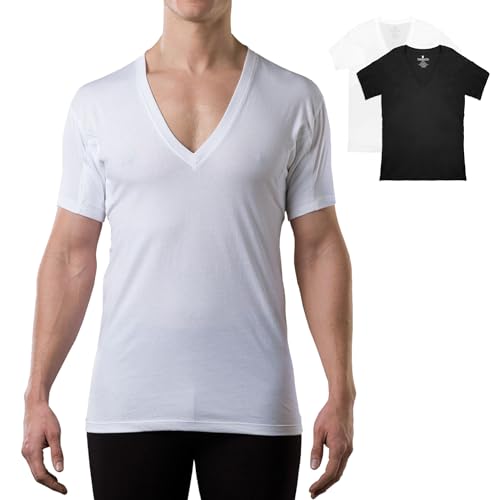 Men's Sweatproof Undershirt | Deep V Neck | Original Fit | with Sweat Pads | White and Black Bundle | Large