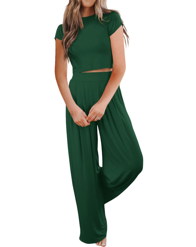 Ezbelle Women's Two Piece Outfit Short Sleeve Crewneck Crop Tops And Pockets Wide Leg Long Pants Tracksuit Sweatsuits