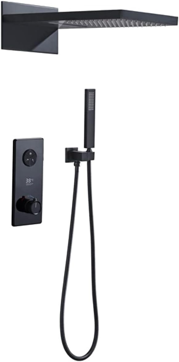 OZBMA Thermostatic Shower Set,Waterfall Rain Head and Handheld,Dual HeadShower Faucet Set,with Temperature Display Valve Body,Rain Mixer Complete Combo Set Wall Mounted