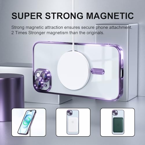 Image of Misea Magnetic for iPhone 15 Plus Case Compatible with MagSafe | [Never Yellowing] [Military Drop Protection] Full Camera Lens Protector Plating Soft Clear Phone Case for Women, Deep Purple