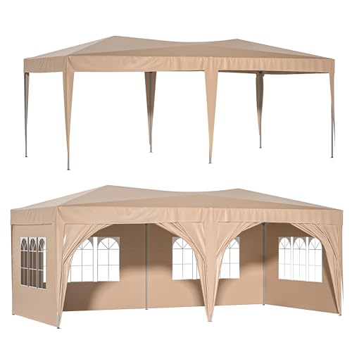 GOWE 10'x20' EZ Pop Up Canopy Outdoor Portable Party Folding Tent with 6 Removable Sidewalls + Carry Bag + 6pcs Weight Bag Beige