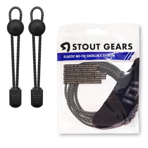 Stout Gears Reflective No Tie Shoelaces Lock System - Elastic Shoe Laces for Sneakers - 1 Pair (Black)