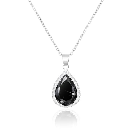 Linawe Schwarz Silberkette Kette Halskette Anhänger Halsketten Damen, Diamant Fossil Geburtsstein Kristall Kettenanhänger Damenkette, Vintage Schmuck Set Jewelry Modeschmuck