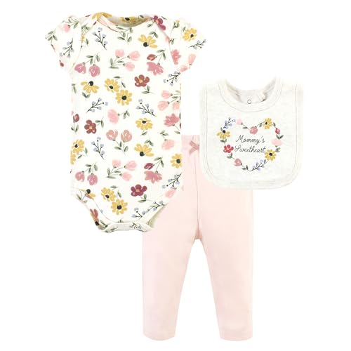 Image of Hudson Baby Unisex Baby Cotton Bodysuit, Pant and Bib Set, Soft Painted Floral, Newborn