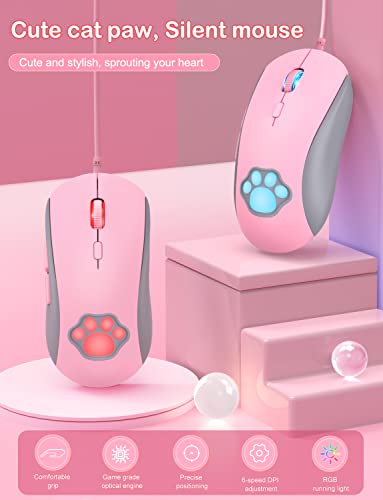PHNIXGAM Cat Paw RGB Gaming Mouse, Silent Optical Computer Mice USB Wired with 6 Adjustable DPI Up to 7200, RGB Lighting, 6 Programmable Buttons for Windows/Vista/Linux (Pink) - Image 3
