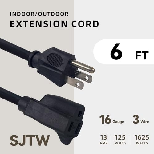 Image of 6ft Outdoor Extension Cord for Christmas Decorations- 16 /3 Heavy Duty SJTW Waterproof Black Electrical Cable with 3 Prong Grounded Plug for Safety, Great for Lawn and Major Appliances