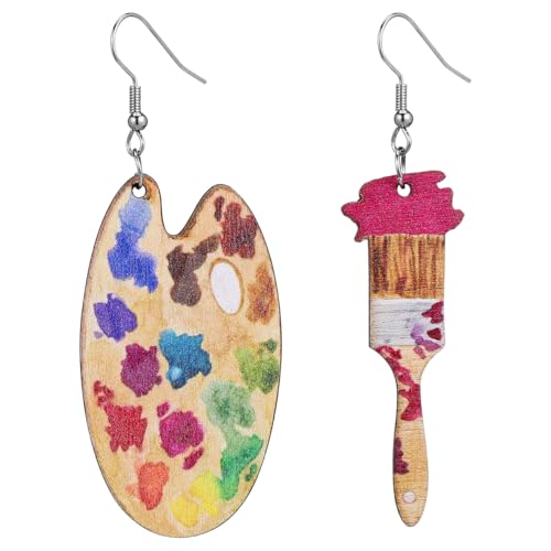 Holibanna 1 par de elegantes pendientes de arte de la paleta de la pintura de la paleta de los pinceles colgantes de gotas pendientes coloridos asimétricos para las mujeres niñas artistas