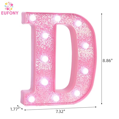 Image of Pink Marquee Light Up Letters, Glitter Alphabet LED Letter Lights for Pink Birthday Party Decorations, Battery Operated Letter Sign for Girls Room Vanity Table Decor, Cool White Lights Letter D