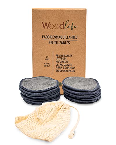 Woodlife® - Paquete de 16 pads desmaquillantes, fabricados con fibra de Bambú y algodón color negro/gris + 1 bolsa de tela para meter a lavadora, 100% biodegradables.