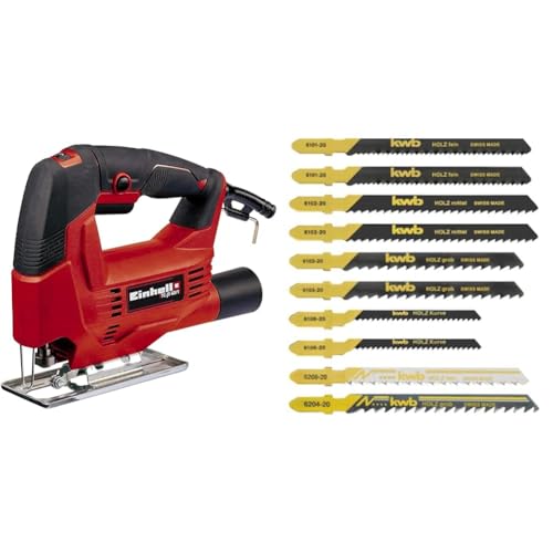 Einhell Stichsäge TC-JS 60/1 (vibrationsarm, Drehzahlelelektronik, werkzeugloser Sägeblattwechsel, Sägeschuh für Gehrungsschnitte bis 45° Grad, inkl. Stich-Sägeblatt Box 10-tlg)