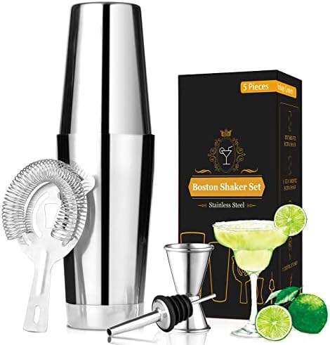 Boston Cocktail Shaker Set, EUUPS 18oz Unweighted & 28oz Weighted Martini Shaker Set with Cocktail Strainer Pourer and Jigger for Bartending Kit Drink Shaker Bar Tools