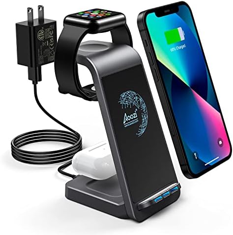 Aoozi Wireless Charging Station, 3 in 1 Fast Wireless Charger Stand Detachable 3 in 1 Wireless Charger for Apple Watch, Wireless Earbuds, iPhone 13 Pro Max/13 Pro/13/12/11/X, Qi-Certified Phones