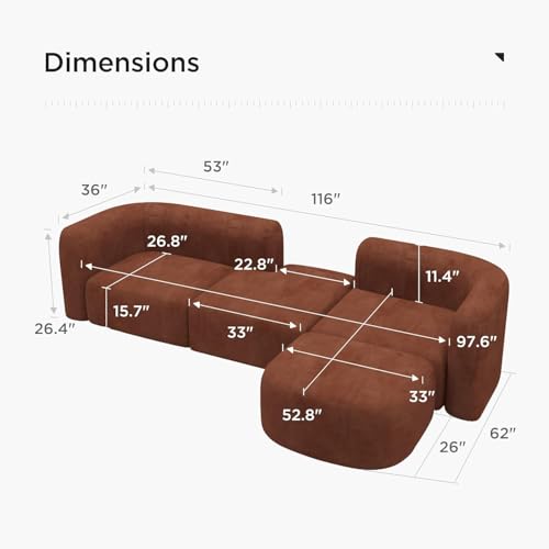 Image of Modern Style Curved Sectional Living Room, Minimalist Comfy Velvet Fabric Modular Sofa for Apartment, Home Office, Brown