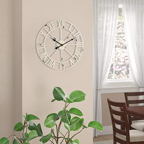 Wall Decor Clocks, European Vintage Clock with Large Roman Numerals, Indoor Silent Battery Operated Metal Clock for Home, Living Room, Kitchen & Den - 18 Inch, White
