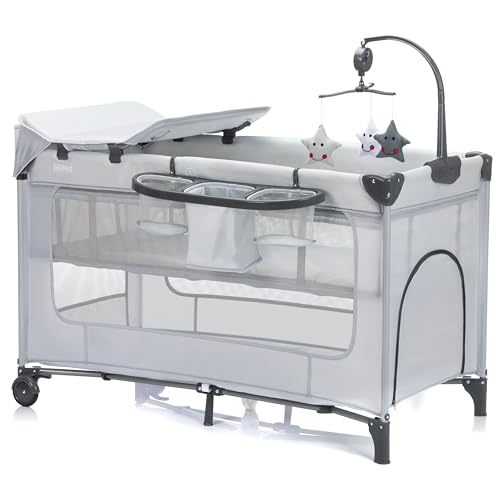 Fillikid Lettino da Viaggio Capri – Culla Neonato con Ruote, Regolabile in Altezza, Letto Bambini con Giostrina, Fasciatoio e Apertura Laterale, Pieghevole – (Grigio)