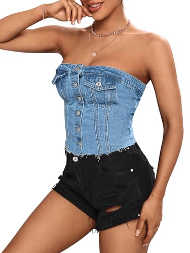 SweatyRocks Women's Button Up Strapless Denim Crop Top Y2k Jean Tube Tops3