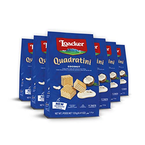 Image of Loacker Quadratini Coconut bite-size Wafer Cookies| SMALL Pack of 6 | Crispy Wafers with 4 creamy layers of finest Coconut cream filling | great for snacks & desserts | No artificial flavorings, added colors or preservatives | 4.41 oz per bag
