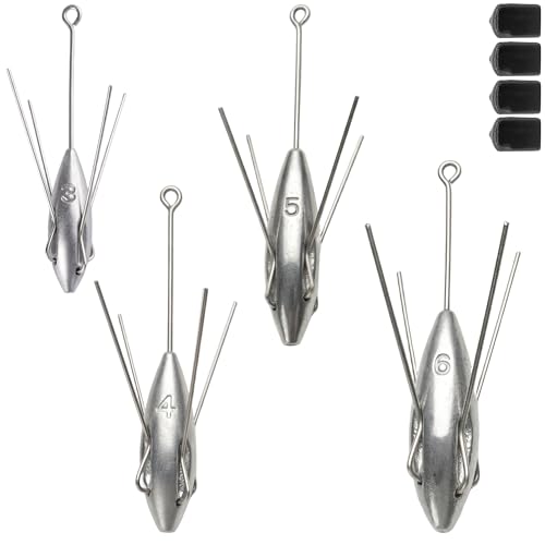 SANWEAL Sputnik Sinker Spider Sinkers 4 PCS Heavy-Duty Surf Fishing Weights 3oz-6oz Long-Tail Saltwater Sinkers with Protective Caps for Strong Current Beach Casting Ocean Surf Fishing