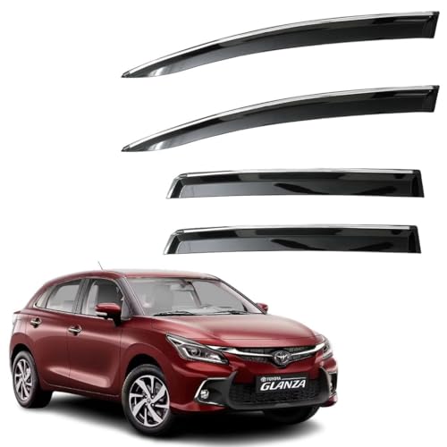 Image of CAR SAAZ Unbreakable Chrome Smoke Door Visor for Glanza (2022-Present) | Premium Sun, Rain Wind Deflector Chrome Strip Side Door Rain Visor - Set of 4 Pcs