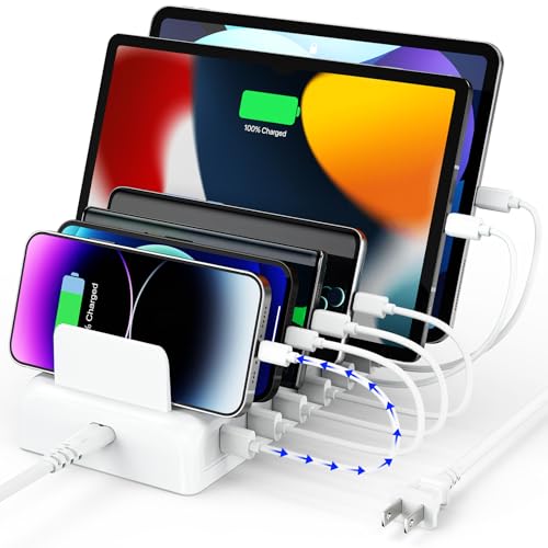Charging station for multiple devices, featuring smartphones and tablets displaying charging status, emphasizing convenience for smart home technology integration.
