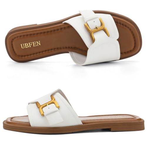 Image of UBFEN Womens Square Toe Flat Sandals Slides Dressy Comfortable for Beach