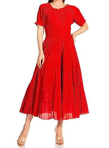 Image of Sakkas Cotton Crepe Smocked Peasant Gypsy Boho Renaissance Mid Length Dress